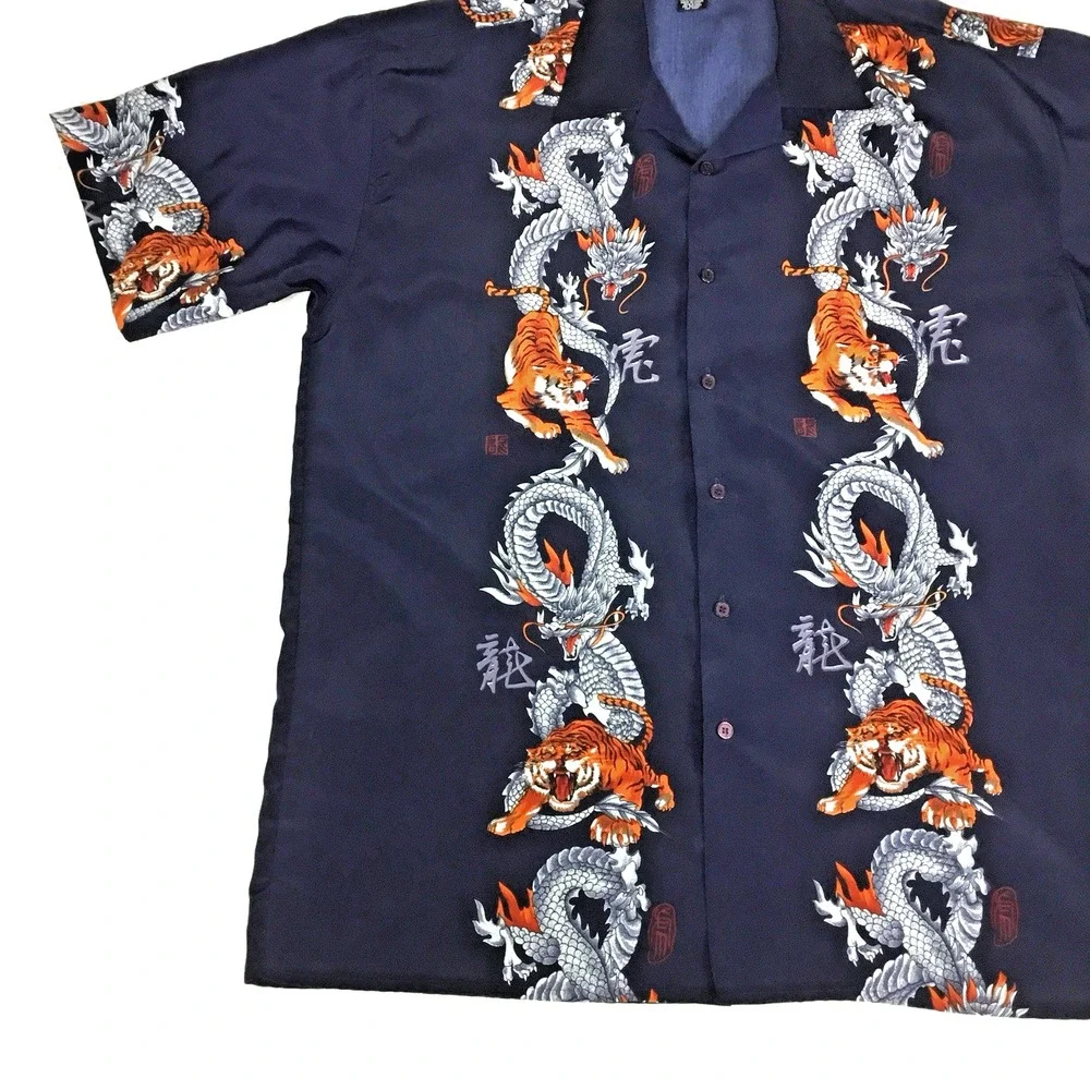 Canopy Mens XL Navy Blue Dragon Tiger Graphic Button Up Short Sleeve Camp Shirt‎